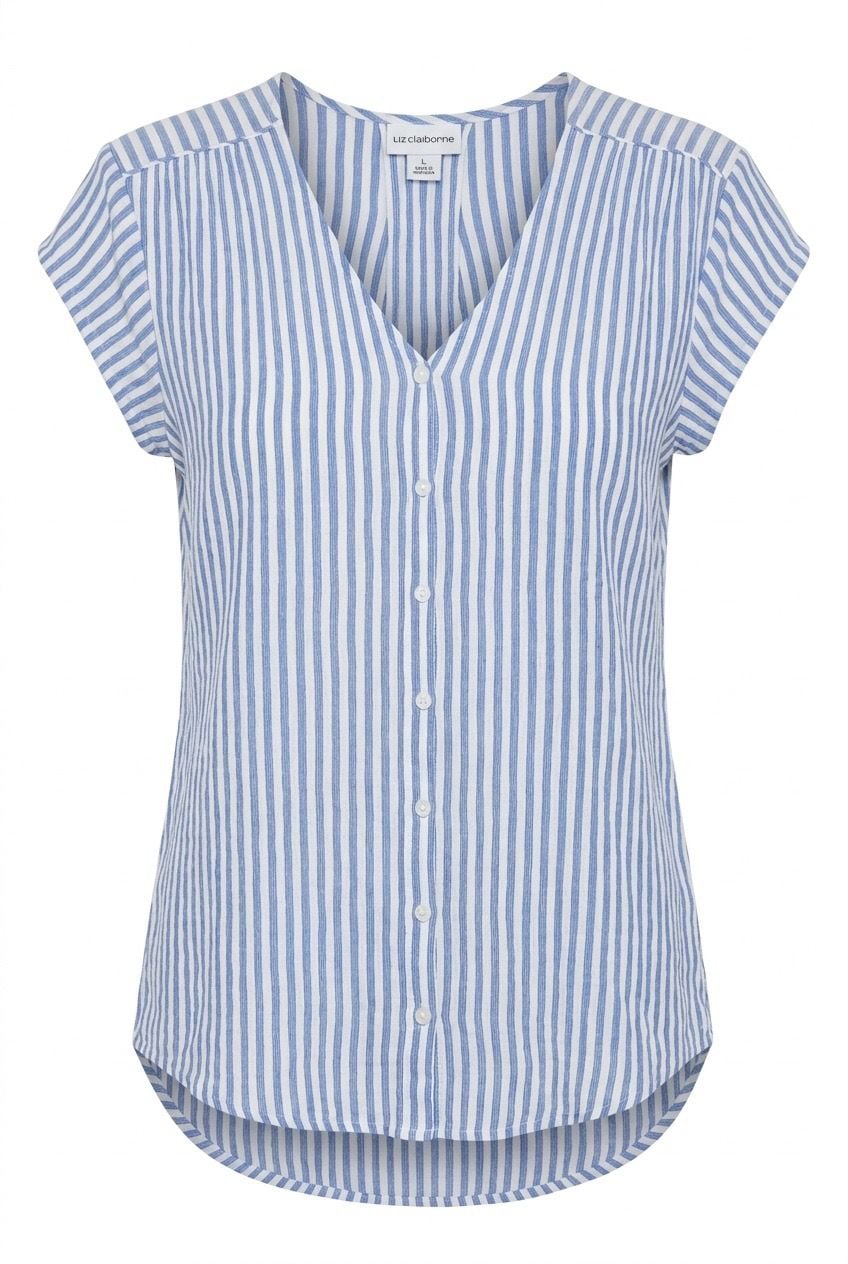 Liz Claiborne Women's Blue And White Striped V-Neck Short Sleeve Blouse #988
